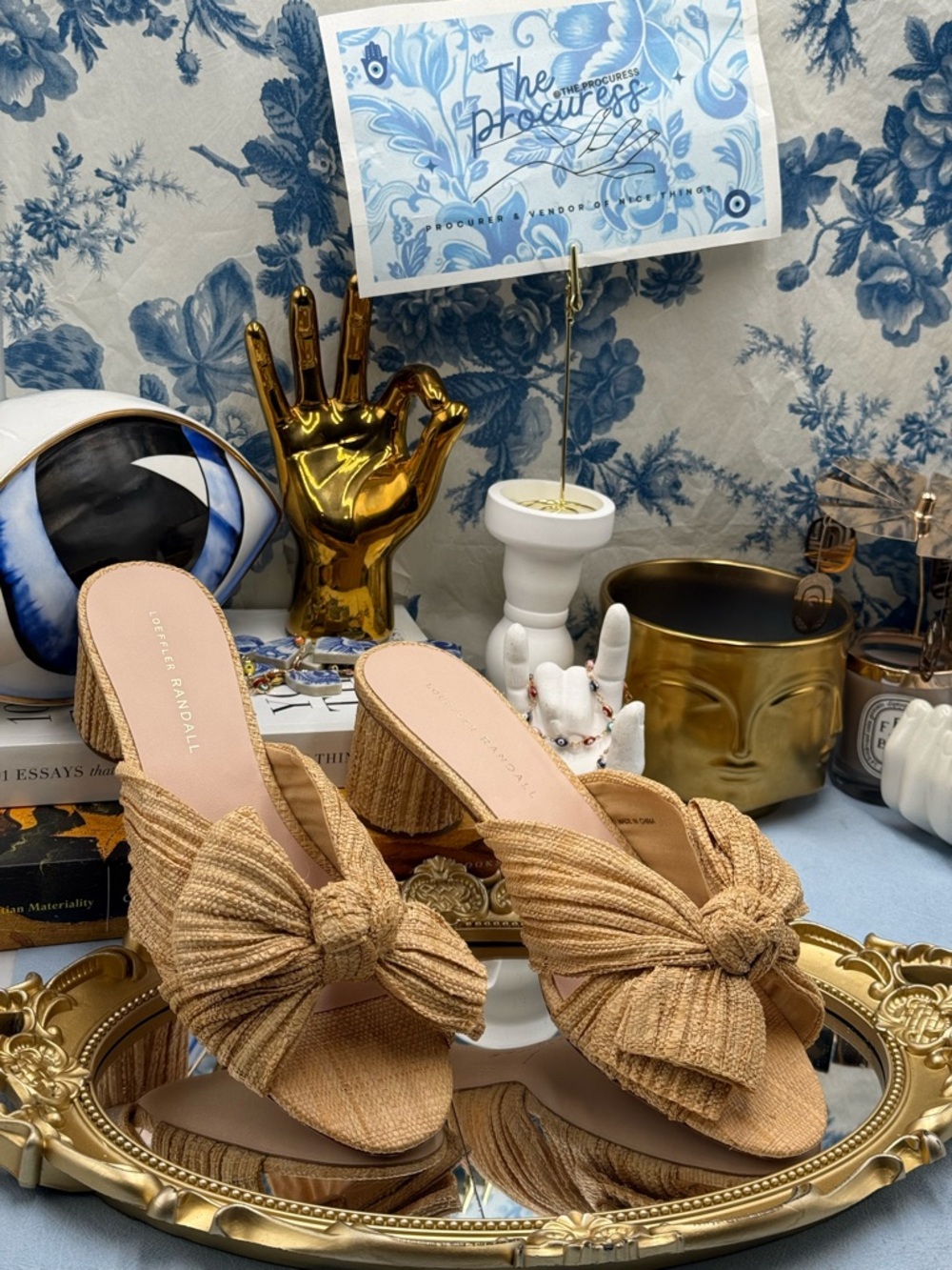 Loeffler Randall Tan Bow Knot Raffia Block Heel Mules - Picture 3 of 16